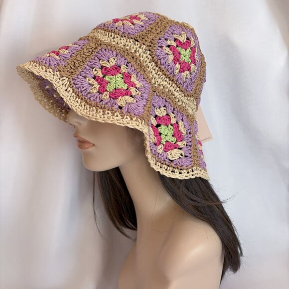 BCBGeneration Straw Crochet Granny Square Bucket Hat Multicolor Size OS main image 5
